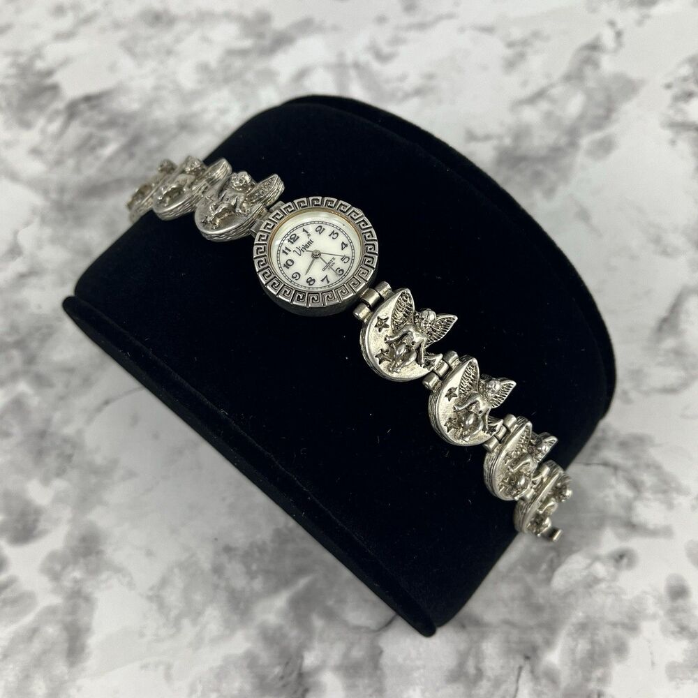 Vintage Vivani Chunky Bracelet Watch Celestial Fairy Crescent Moon Silver tone